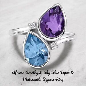 African Amethyst,Sky Blue Topaz & Moissanite 5.10ctw Bypass Sterling Silver Ring
